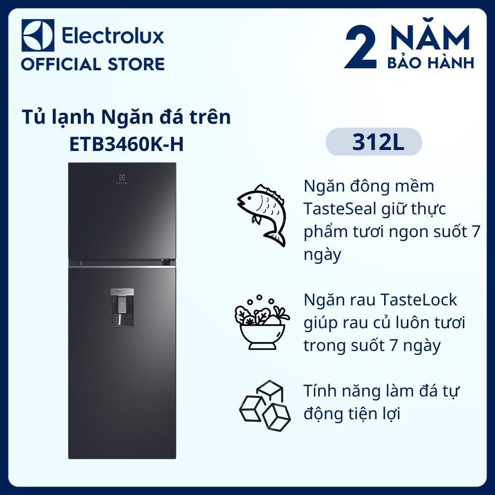 [Miễn phí giao hàng toàn quốc] Tủ lạnh Electrolux Inverter UltimateTaste 300 ngăn đá trên có ngăn đông mềm 312 lít  - ETB3460K-H - Tính năng làm đá tự động, lấy nước bên ngoài, khử mùi diệt khuẩn [Hàng chính hãng]