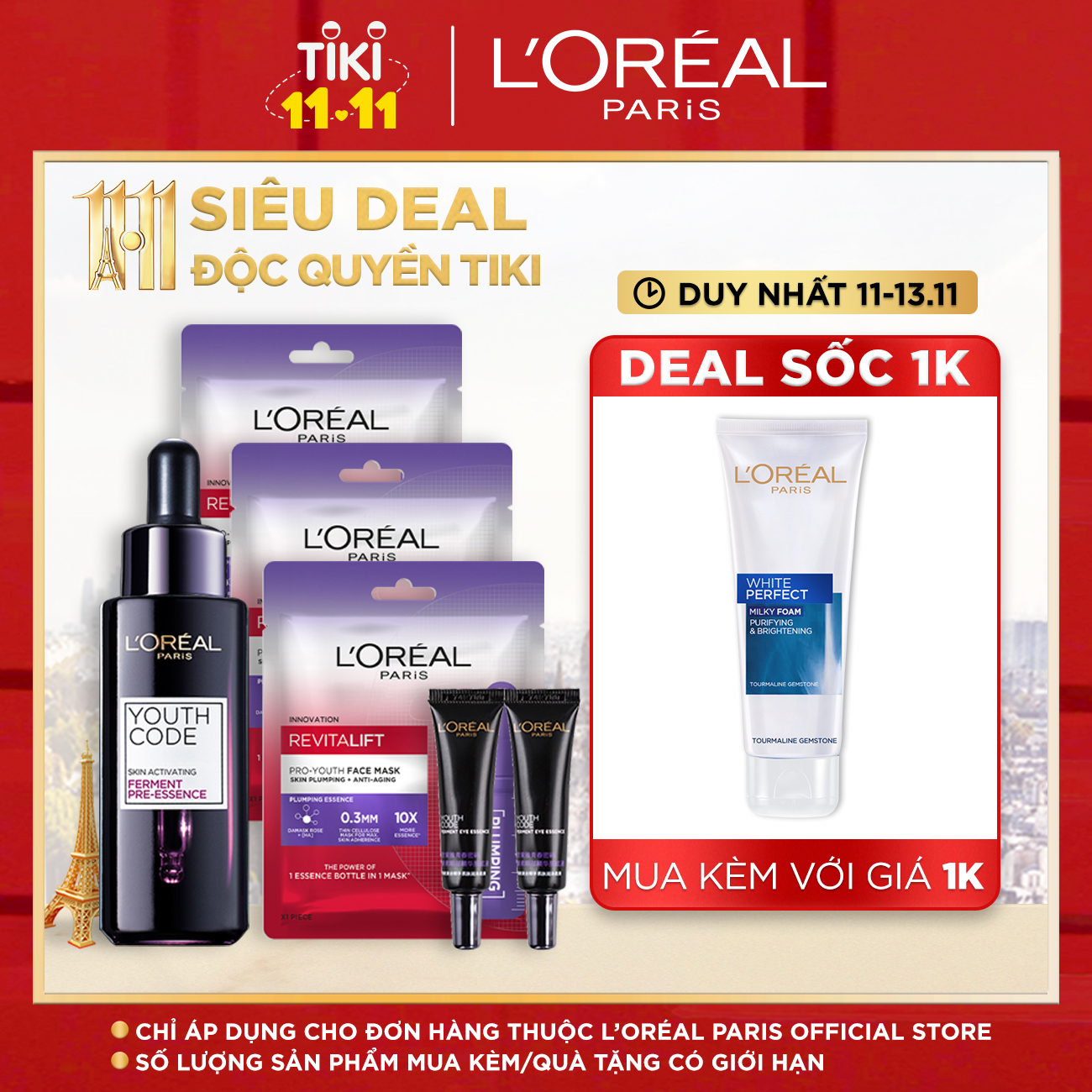 Bộ sản phẩm L'Oreal Paris Hoạt chất trẻ hóa da,Mặt nạ dưỡng da ẩm mượt căng mọng (Y.C 30ml, Mask x3,  Y.C 7.5ml)