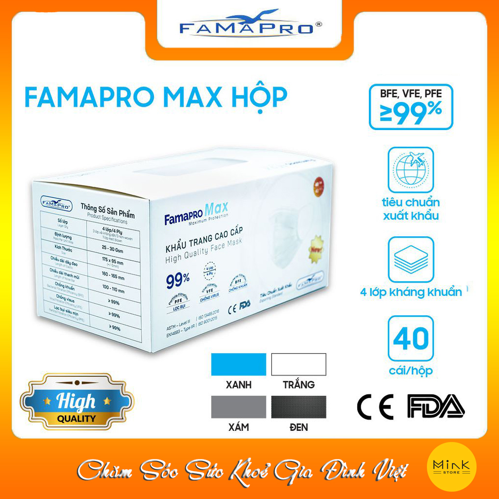 Khẩu Trang Y Tế Cao Cấp Kháng Khuẩn Famapro Max - Kháng Khuẩn 4 Lớp - Chính Hãng Famapro Nam Anh