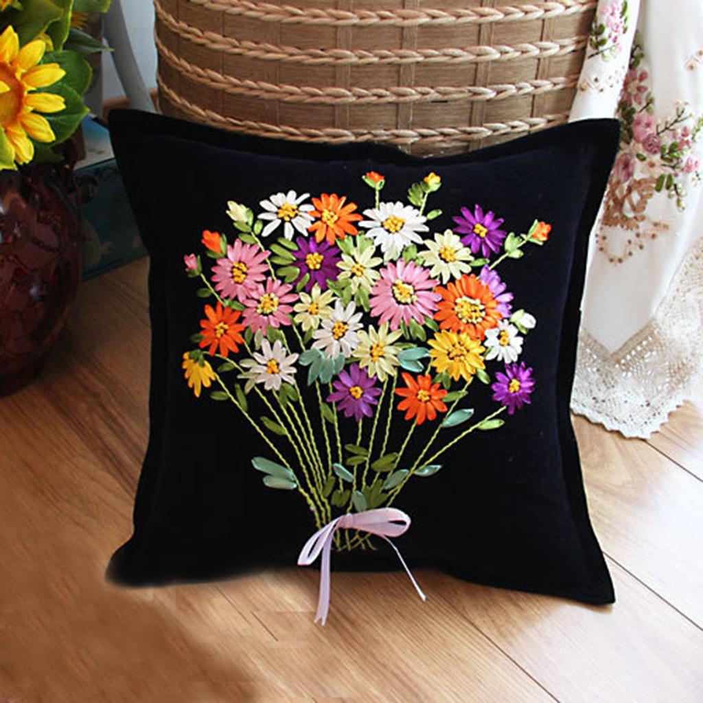 2pcs Daisy Flower Ribbon Cross Stitch Kits Embroidery Car Cushion Covers DIY