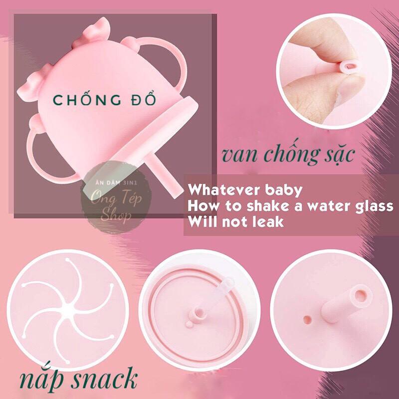 Cốc tập hút silicon cho bé tập uống 3in1 kèm ống hút thay thế và nắp snack
