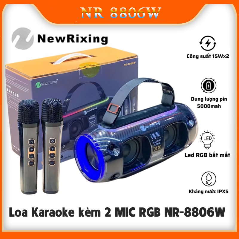 Loa Karaoke Bluetooth Nr-8806W 30W Kèm 2 Micro Đèn Led Rgb Đổi Màu, Âm Bass Mạnh Mẽ Cực Hay