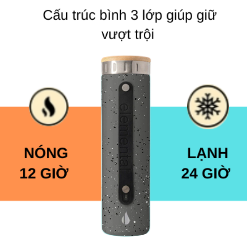 Bình giữ nhiệt Elemental Iconic màu xám đốm 590ml, giữ nhiệt vượt trội, inox 304, FDA Hoa Kì, An toàn sức khỏe, có lưới lọc