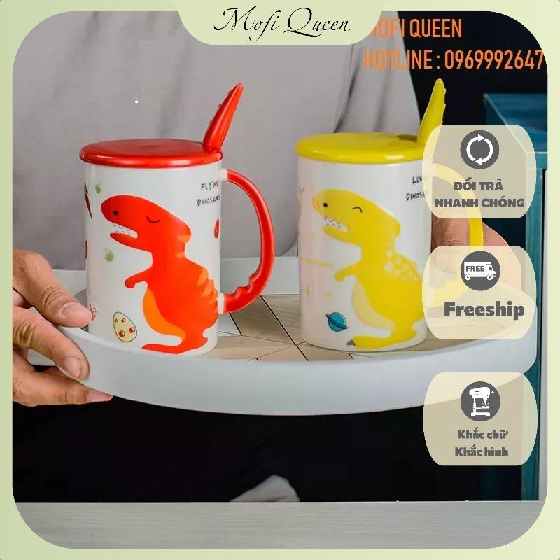 Ly sứ uống nước in hình khủng long kèm nắp và muỗng 450ml. Thích hợp làm quà lưu niệm, tặng bạn bè, người thân