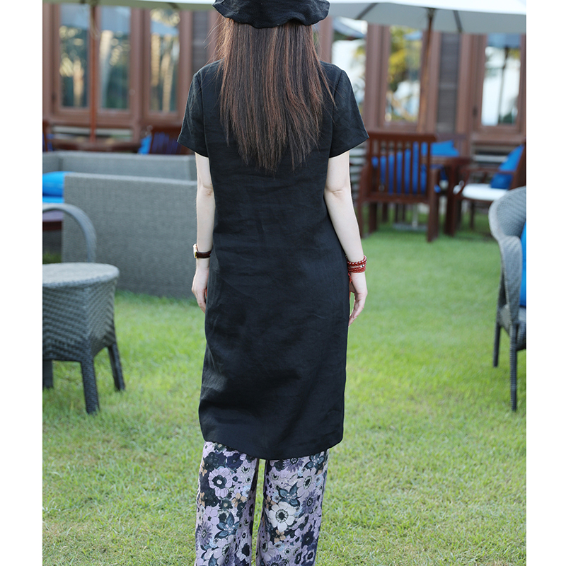 Đầm linen dáng suông cổ tim tay ngắn, kefm đai eo có túi sườn mẫu mới Đũi Việt Dv196