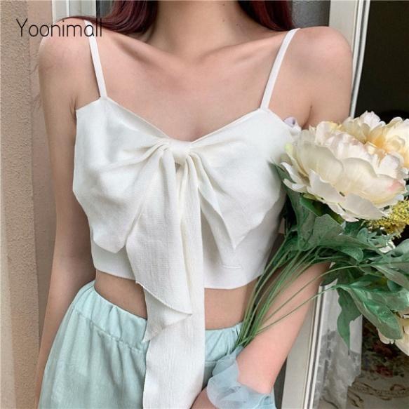 Áo Croptop Hai Dây Đính Nơ Màu Sắc Ngọt Ngào Phong Cách Hàn Quốc coco land - chất cực đẹp- sang chảnh