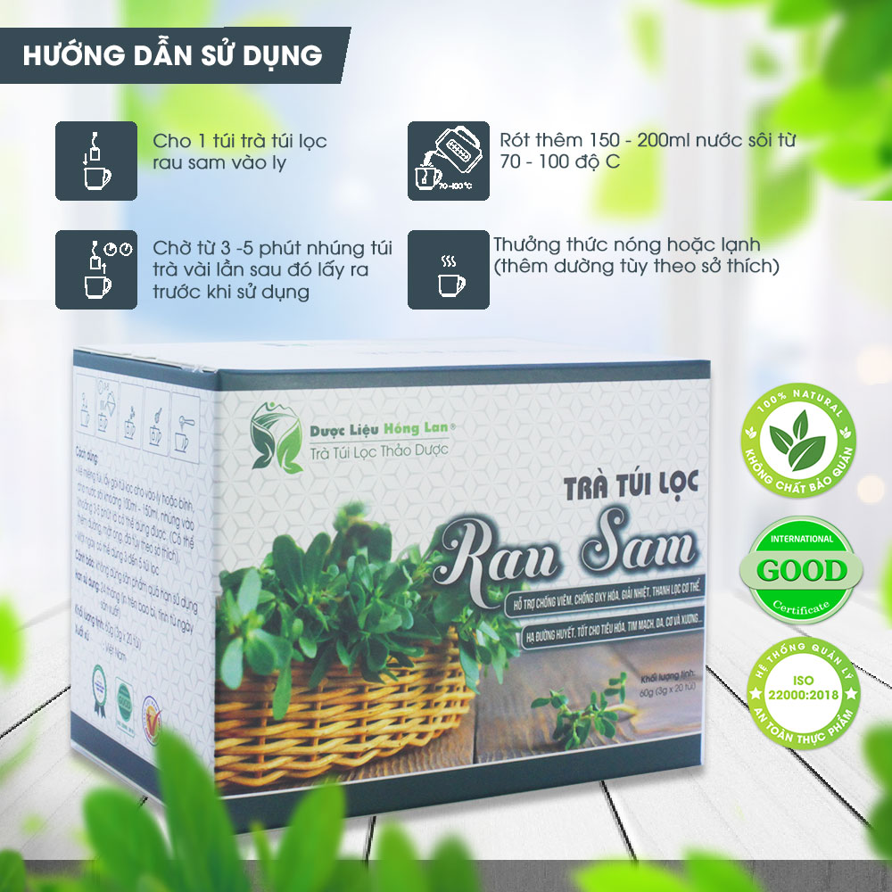 Trà Rau Sam túi lọc hộp 60g (20gói x3g) Cty Dược Liệu Hồng Lan (Hỗ trợ chống viêm, chống oxy hóa, giải nhiệt, thanh lọc cơ thể,  hạ đường huyết,...)