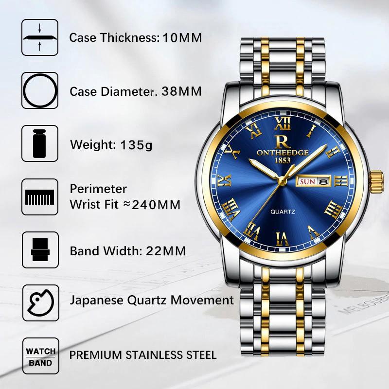 ĐỒNG HỒ NAM CAO CẤP ONTHEEDGE KÍNH TRÁNG SAPPHIRE DÂY KIM LOẠI KHÔNG GỈ + TẶNG KÈM PIN