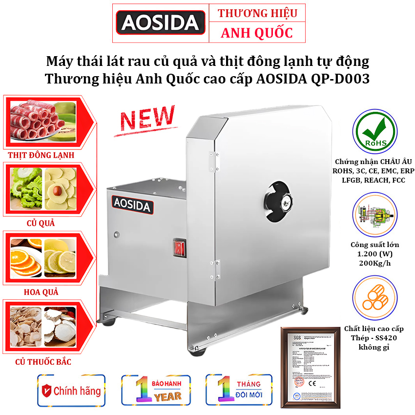 Máy Thái Lát Thịt Đông Lạnh Tự Động AOSIDA QP-D003, Thái Rau-Củ-Quả, Công Suất Lên Tới 1200W - Bảo hành 12 Tháng, Hàng nhập khẩu