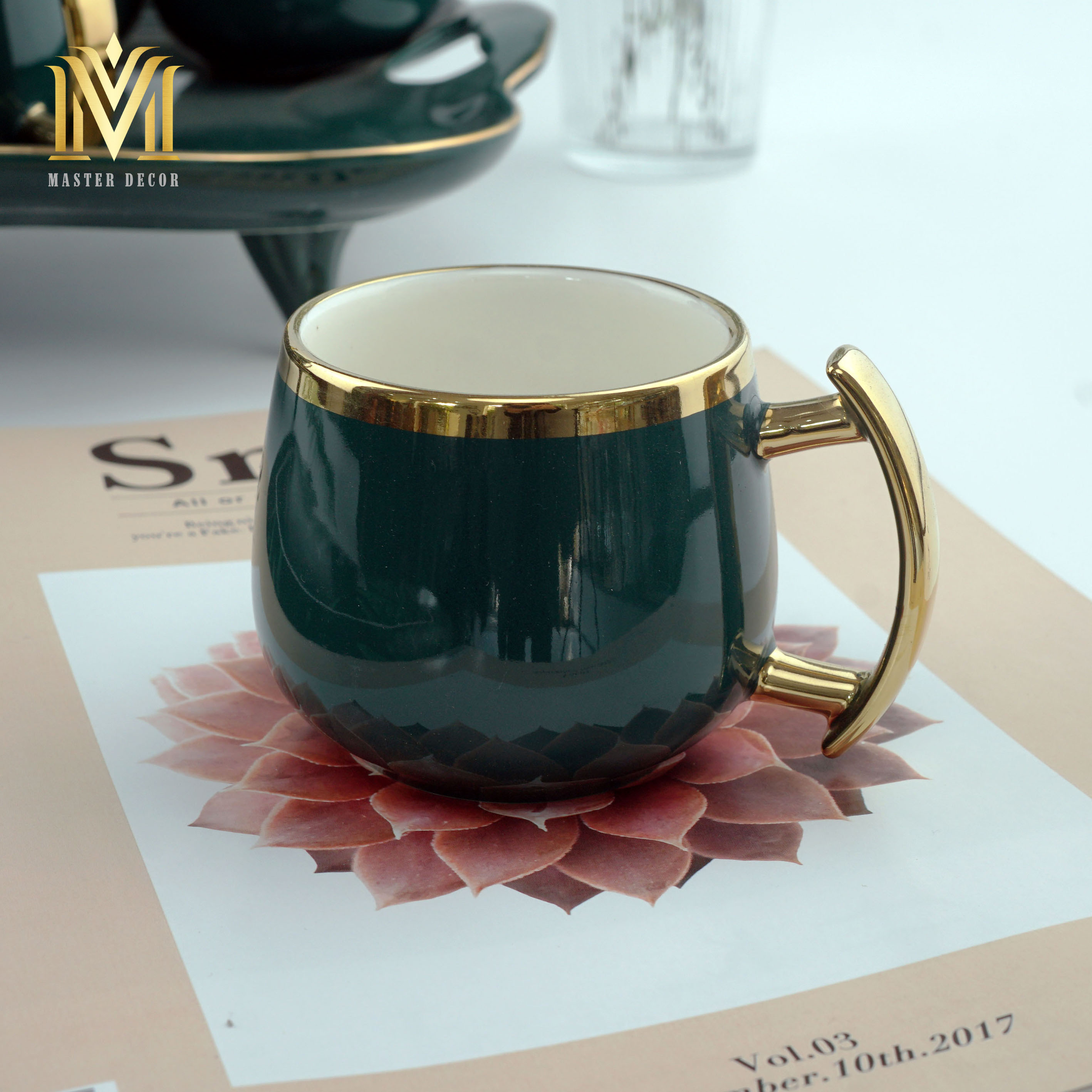 BỘ ẤM TÁCH SỨ ATS07CV MEN SỨ CAO CẤP TAY CẦM VIỀN VÀNG MÀU XANH MALLARD CỔ ĐIỂN