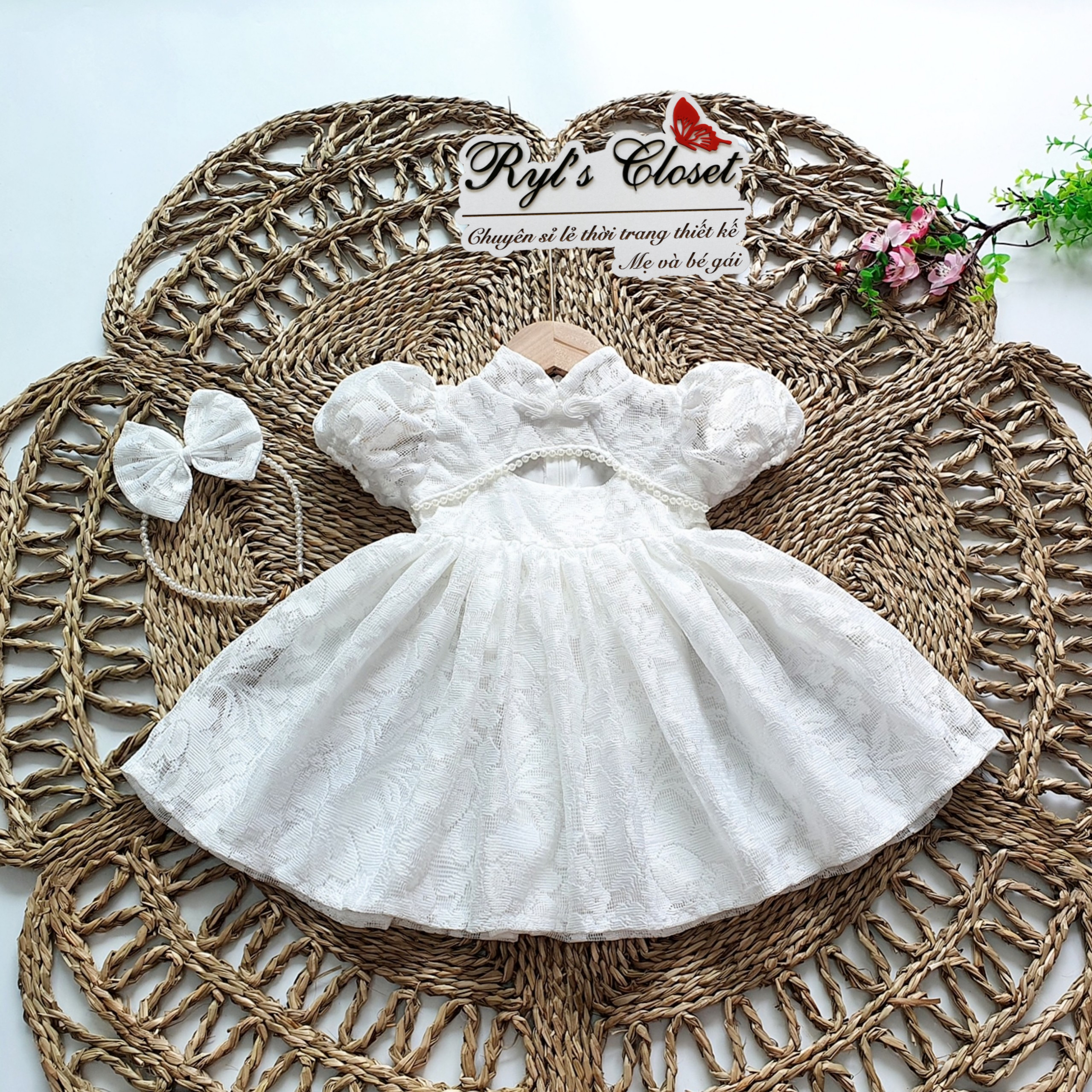 Váy Đỏ Ren Cổ Tàu Cho Bé Gái 4 - 18kg Tay Ngắn Xinh Xắn