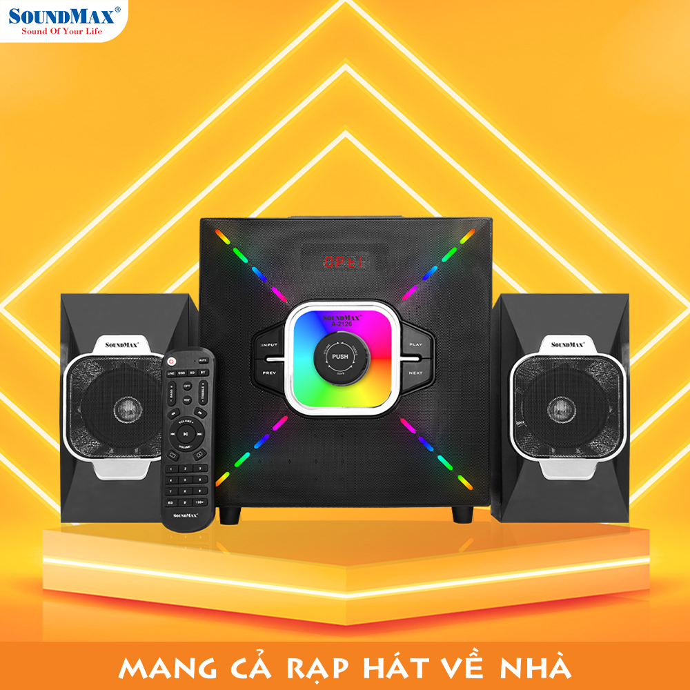 Loa vi tính 2.1 SoundMax A-2126 | Bluetooth Speaker SoundMaxA2126 | Bluetooth 5.0, AUX, Optical, USB, Thẻ Nhớ SD 128GB | Loa Nghe Nhạc, Xem Phim, Chơi Game | Điều Khiển Từ Xa - Hàng Chính Hãng