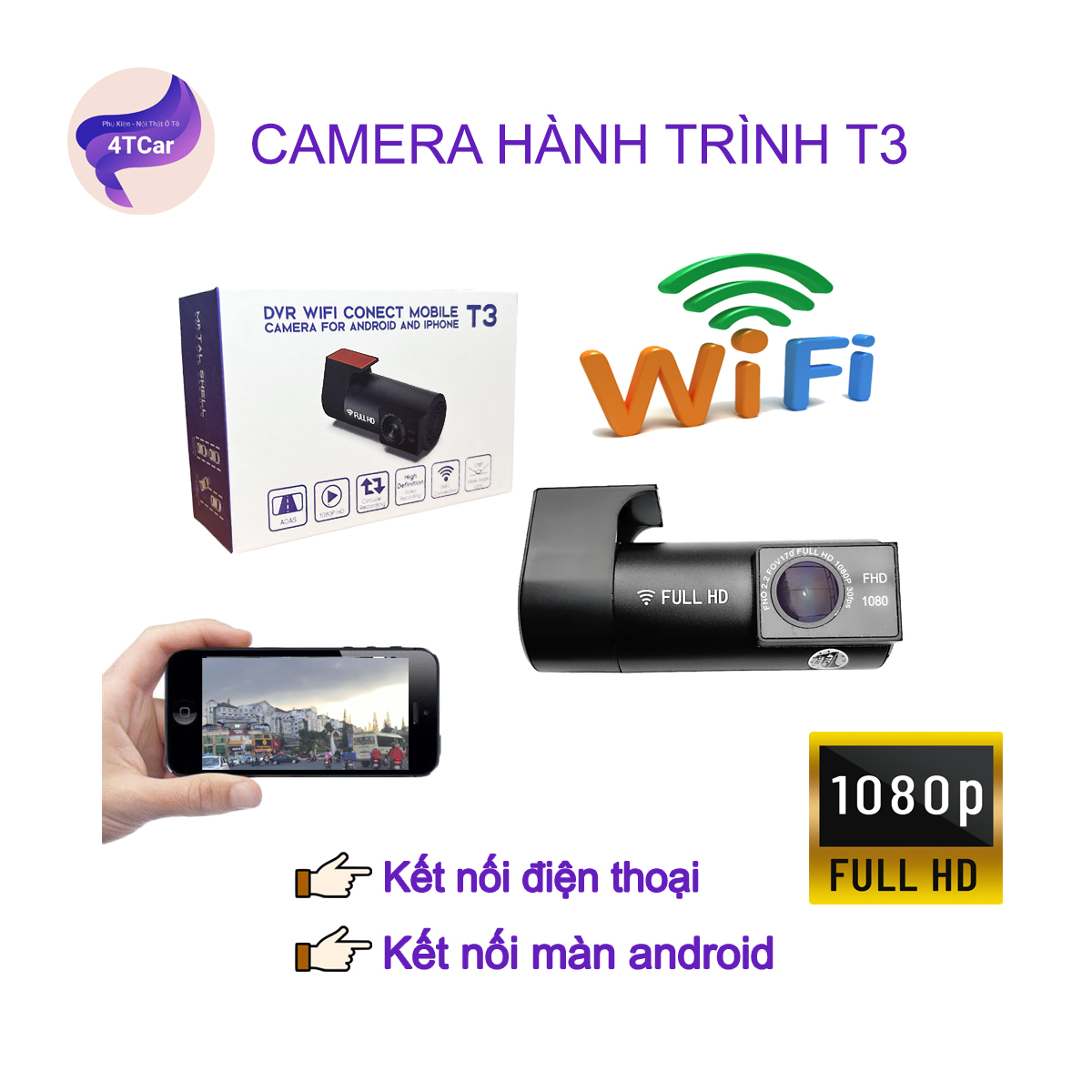 Camera hành trình androdoid tích hợp wifi độc lập xem qua app điện thoại dành cho xe ô tô T3
