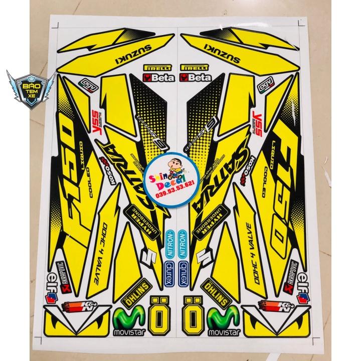 Tem xe Satria fi vàng dán xe đen