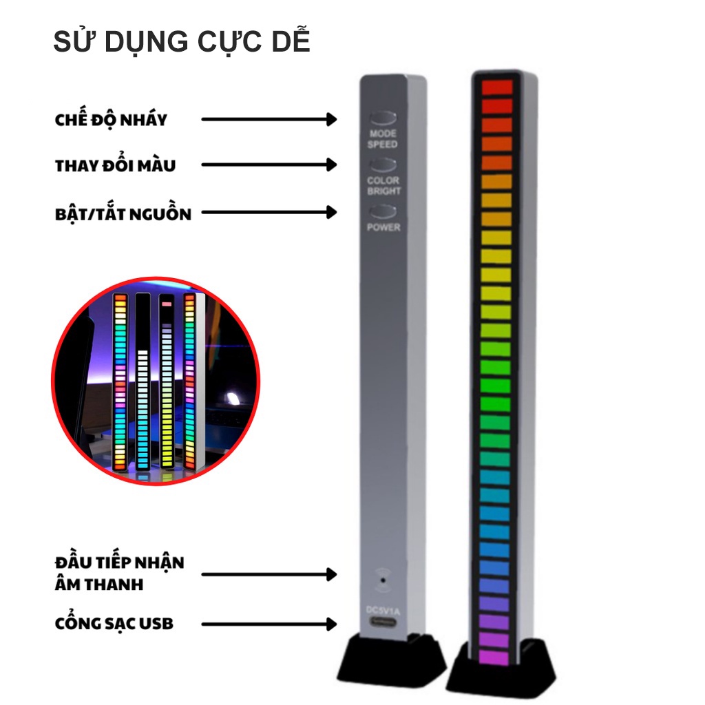 Thanh đèn LED RGB nháy theo nhạc cảm ứng âm thanh 32 hạt LED 16 triệu màu không app dùng trang trí máy tính, decor phòng, gắn trong ô tô