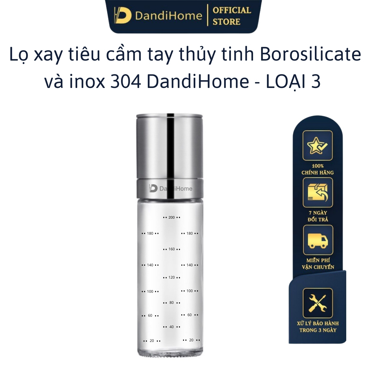 Lọ xay tiêu Inox 304 DandiHome cao cấp – Borosilicate