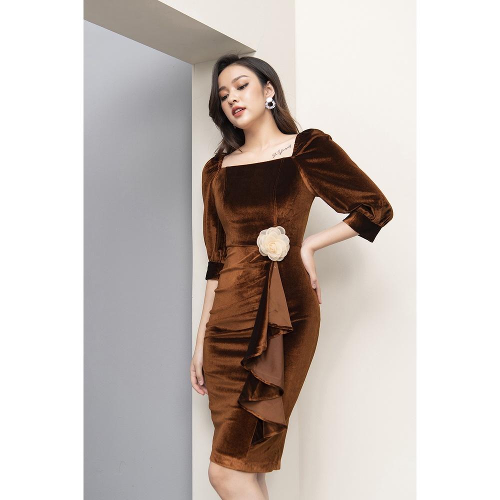 Đầm Nữ LUPERI LFV3120 Dáng Ôm Chân Bèo Đính Hoa Trà Tay Lỡ
