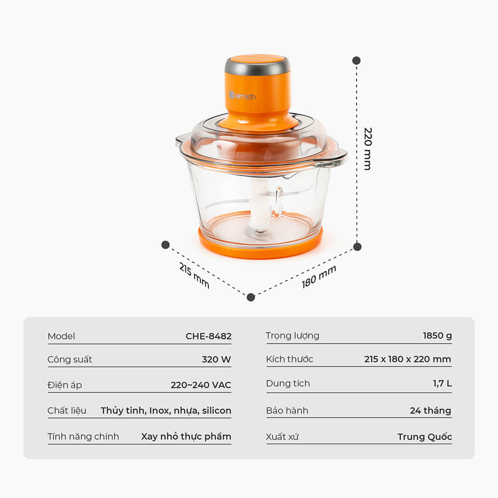 Máy xay thịt đa năng 1,7L Elmich CHE-8482 cối thủy tinh, lưỡi dao 4 cánh xay thực phẩm 2 tốc độ, đánh trứng - Hàng chính hãng