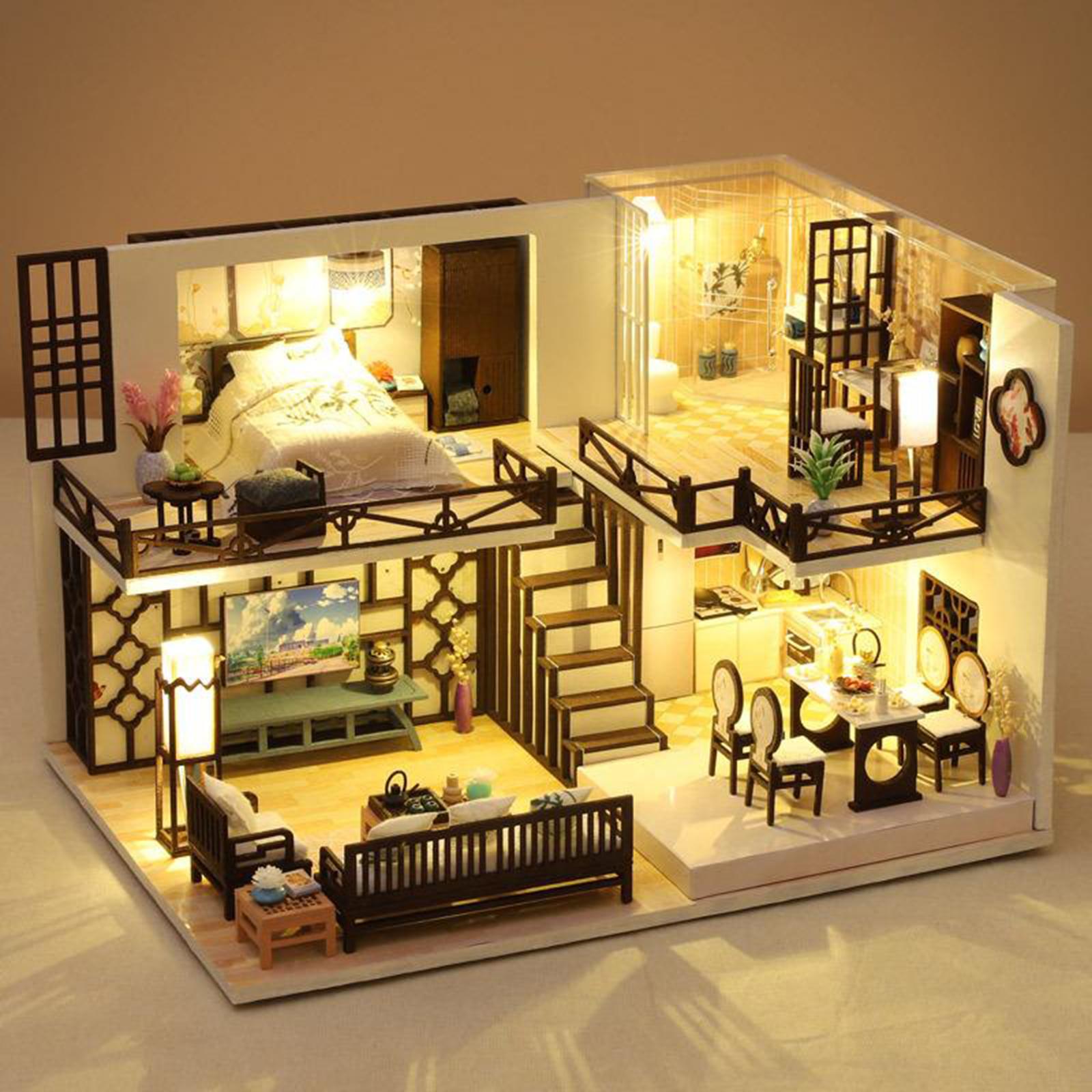 DIY Miniature DollHouse Kit LED House Model Gift Crafts with Accessories