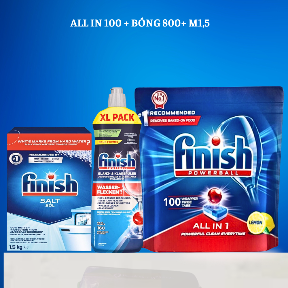 Combo viên rửa bát Finish All in 1 100 viên + Muối Finish 1,5kg + Nước làm bóng Finish 750ml