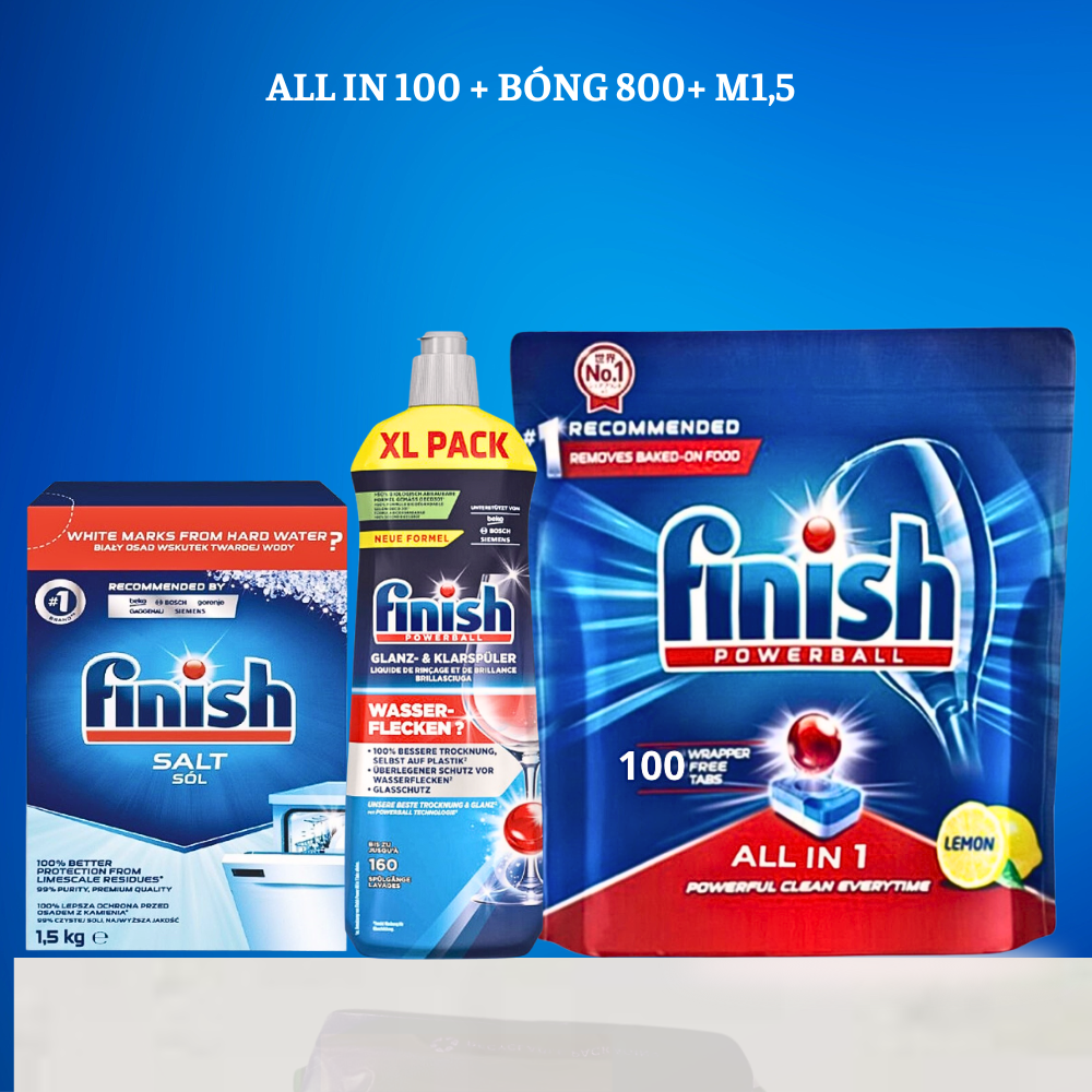 combo Viên rửa bát finish all in one 100 viên+Dung dịch Nước làm bóng finish 800ml +Muối rửa bát finish 1.5kg cho Máy rửa bát