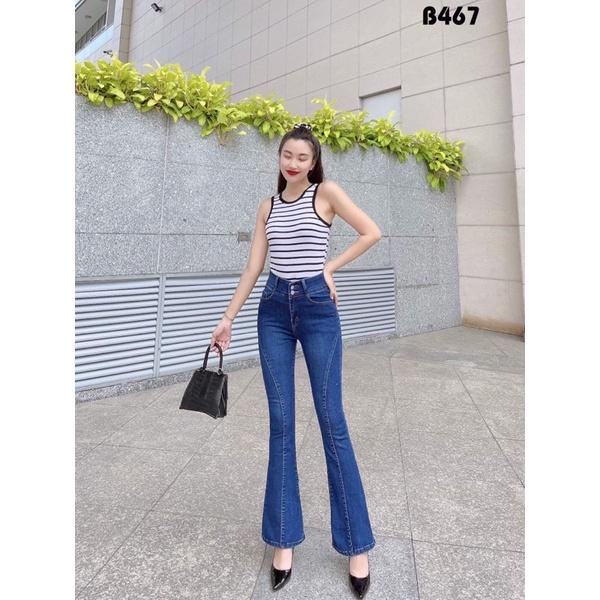 Quần Jeans Nữ Ống Loe Dài Viền Gân Lưng Cao Co giãn