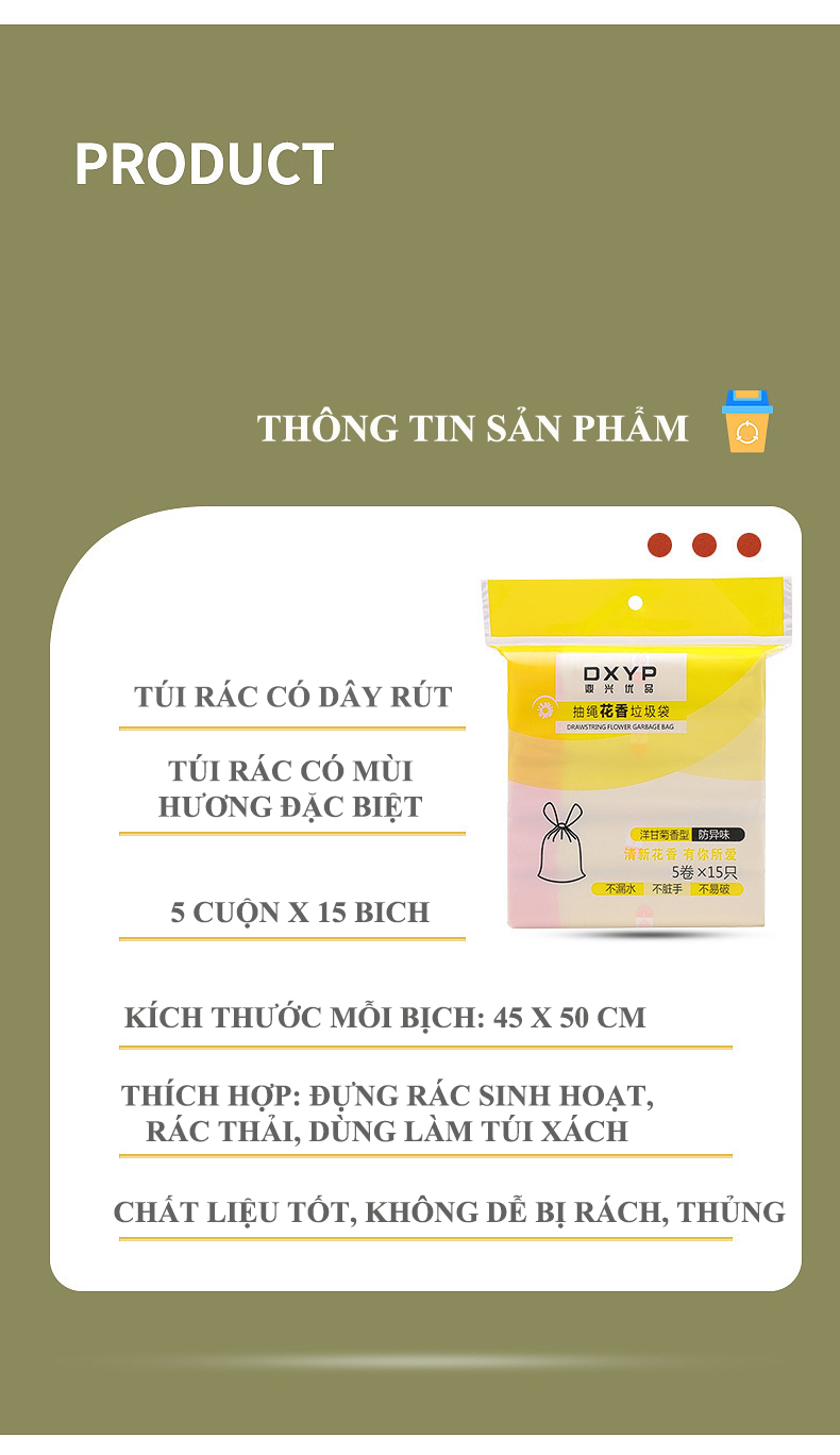 Túi Đựng Rác Sinh Học Tự Hủy Combo 3 Bịch Có Dây Rút Bảo Vệ Môi Trường