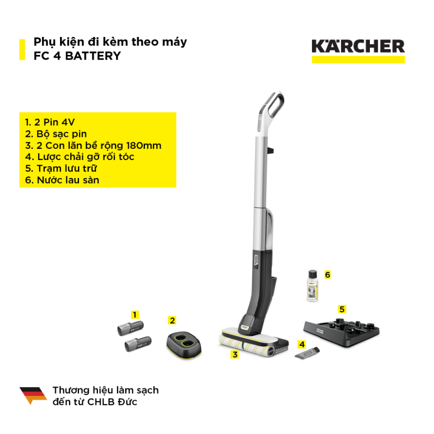(Sản xuất Châu Âu) Máy lau sàn đa năng Karcher FC 4 Battery - Lau sàn 2 trong 1 nhanh chóng, phù hợp diện tích 90m2 - Hàng Chính Hãng