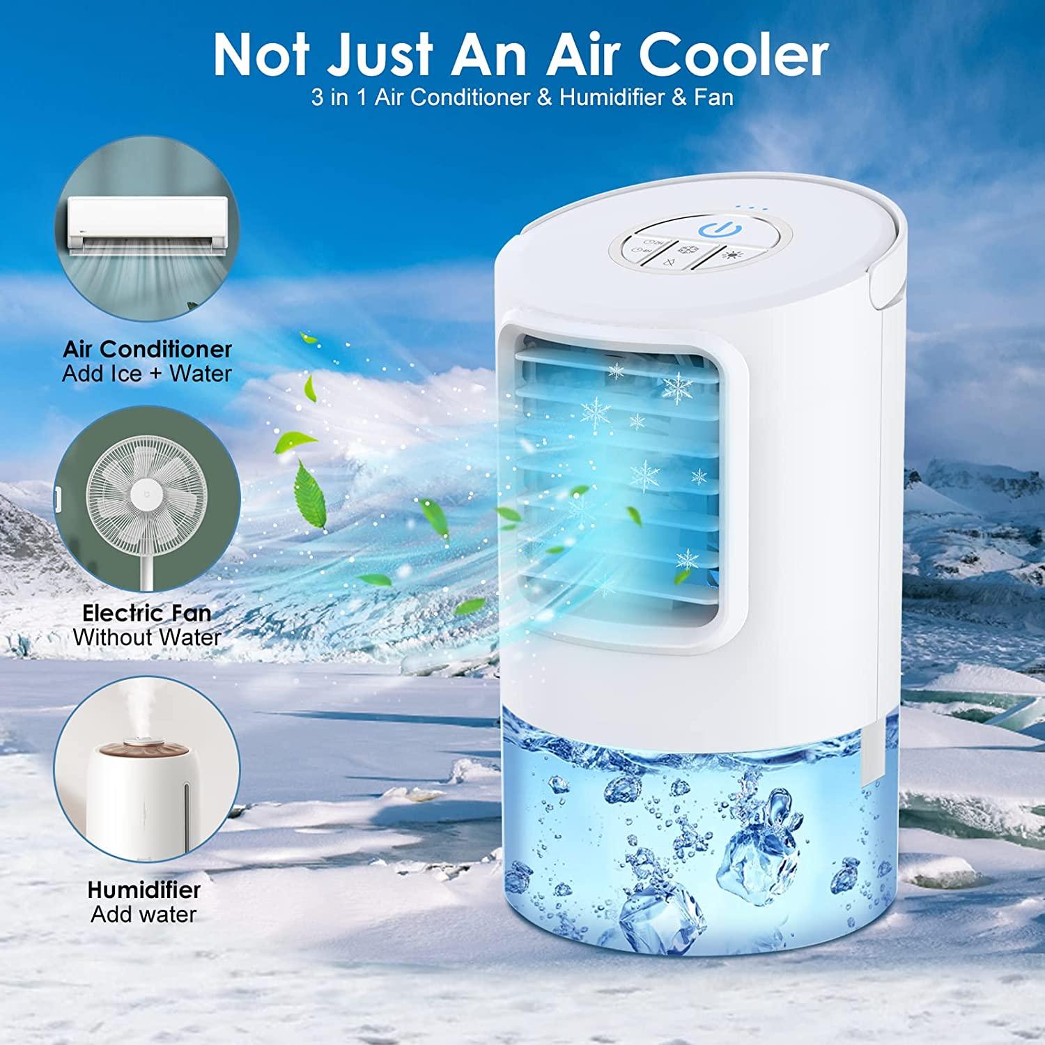 Máy điều hòa cơ động, máy lạnh 3-trong-1, quạt, máy tạo ẩm, máy điều hoà xách với bình nước 400ml, 3-Speed, 2/4-giờ đồng hồ hẹn, máy điều hòa cá nhân với đồng hồ màu