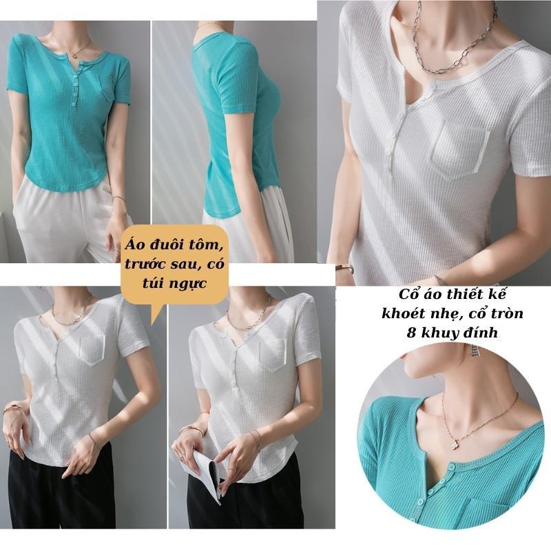 Áo Thun nữ cổ V phối cúc chất tăm lạnh, Áo len tăm cộc tay co dãn tốt, mềm mịn