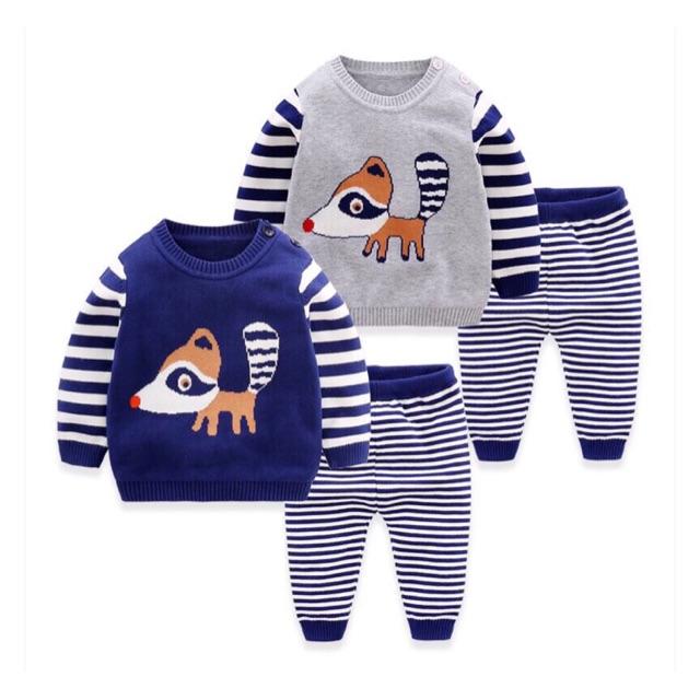1-3T: Bộ len bé trai chú Cáo đuôi kẻ