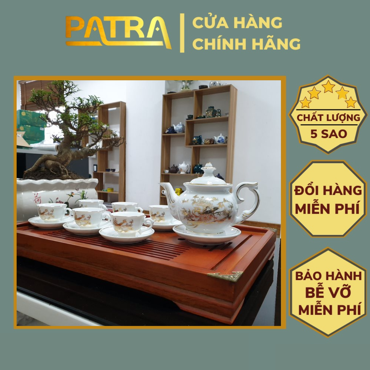 Bộ ấm chén uống trà cao cấp , bộ ấm trà Bát Tràng - vinh hoa phú quý men trắng