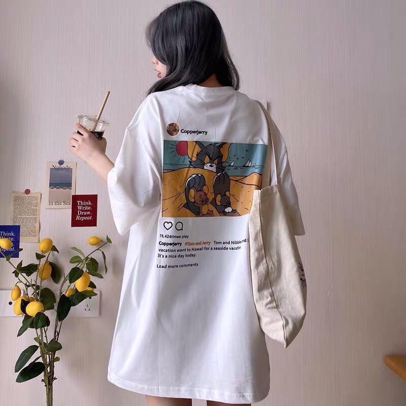Áo Thun Mèo Tom Và Chuột 2 màu ĐEN, TRẮNG tay lỡ form rộng Unisex 38-65kg Nam Nữ
