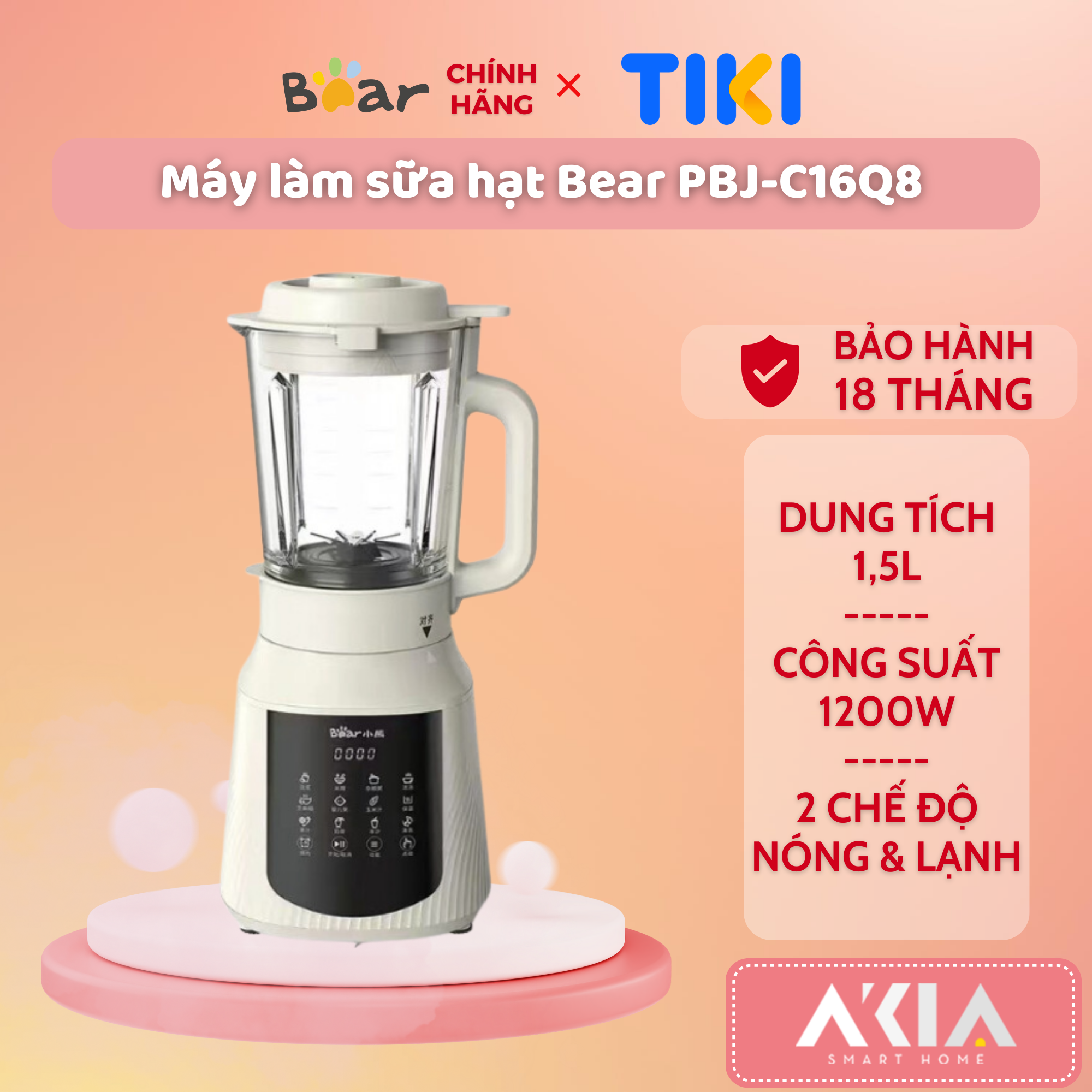 Máy làm sữa hạt 1.5L Bear PBJ-C16Q8, 2 chế độ xay nóng/ lạnh, chống dính, hẹn giờ 24 tiếng - HÀNG CHÍNH HÃNG