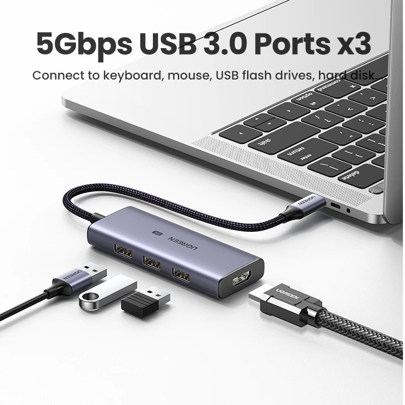 Bộ chuyển đổi USB Type C ra 3 USB 3.0 + HDMI 8K 30Hz Ugreen CM500 50629 cao cấp hàng chính hãng