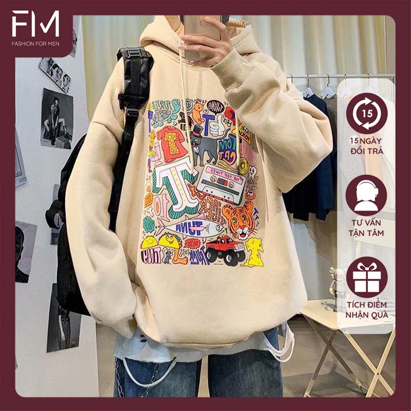 Hình ảnh Áo hoodie nam nữ form rộng Unisex một màu in hoạt hình cá tính Hàn Quốc – FORMEN SHOP – FMGV034
