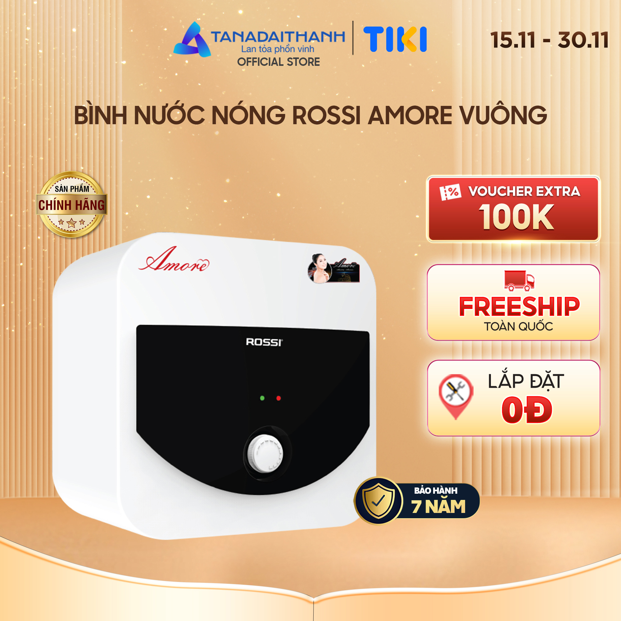 Bình nóng lạnh gián tiếp Rossi Amore Vuông 15 Lít - Hàng chính hãng, Bảo Hành 7 năm
