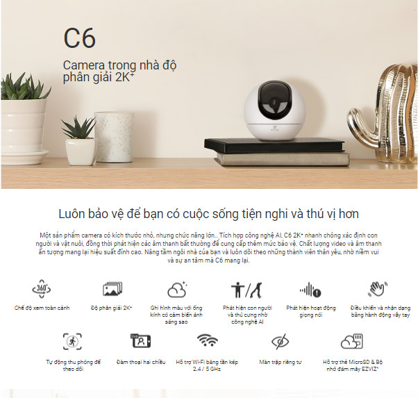 Camera WI-FI EZVIZ C6 2k+, Trong Nhà , 4MP, Quay Quét 360 Độ ,Đàm Thoại 2 Chiều-Hàng Chính Hãng