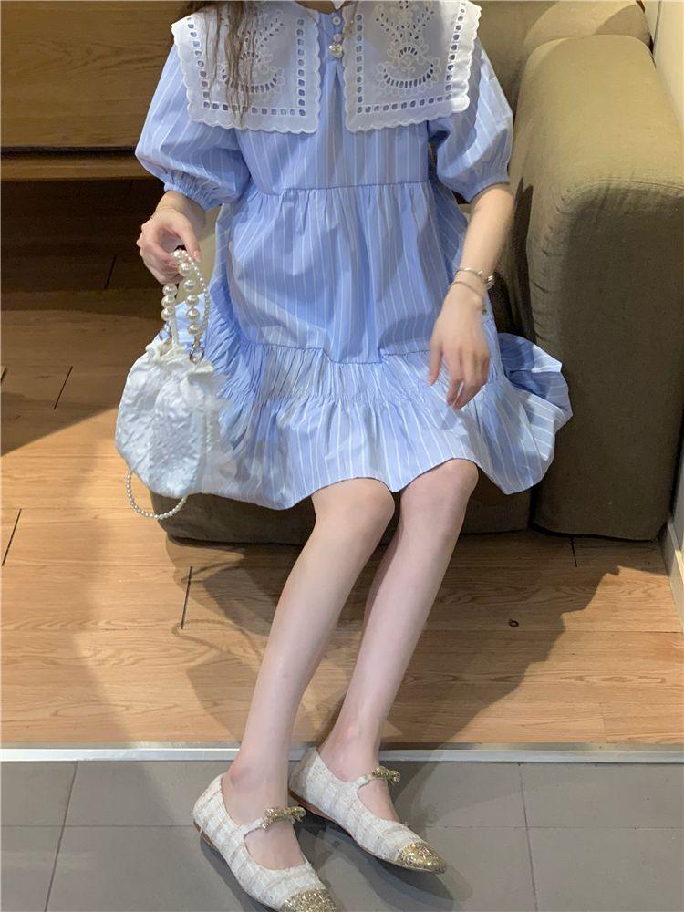 CHENGRUI Sữa ngọt chạy trốn công chúa váy mùa hè dịu dàng sữa tốt váy người đàn ông nhỏ rất khác biệt màu xanh sọc chạm rỗng váy