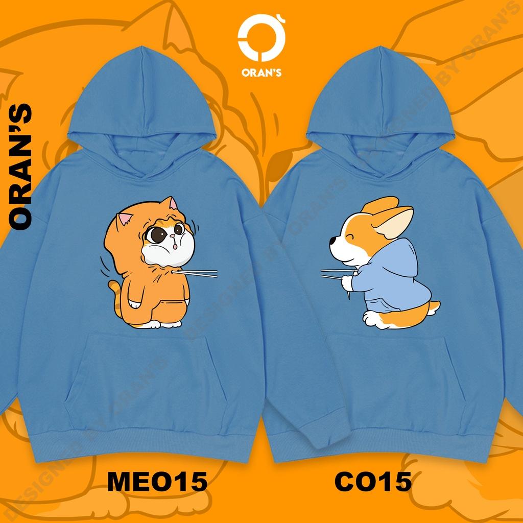 Áo Hoodie đôi in hình chó corgi và mèo 4 màu chất nỉ cotton lót bông cao cấp form rộng unisex - ORAN'S HOODIE COUPLE 15