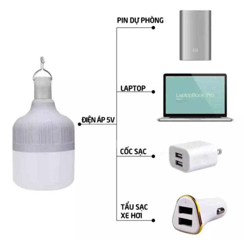 Bóng đèn tích điện 100W 150W  sạc pin qua cổng usb ánh sáng Led sáng liên tục từ 6-8h chịu nắng mưa