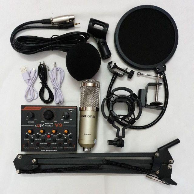 Combo mic thu âm livestream hát karaoke micro woaichang BM900 card V9 chân màng lọc âm