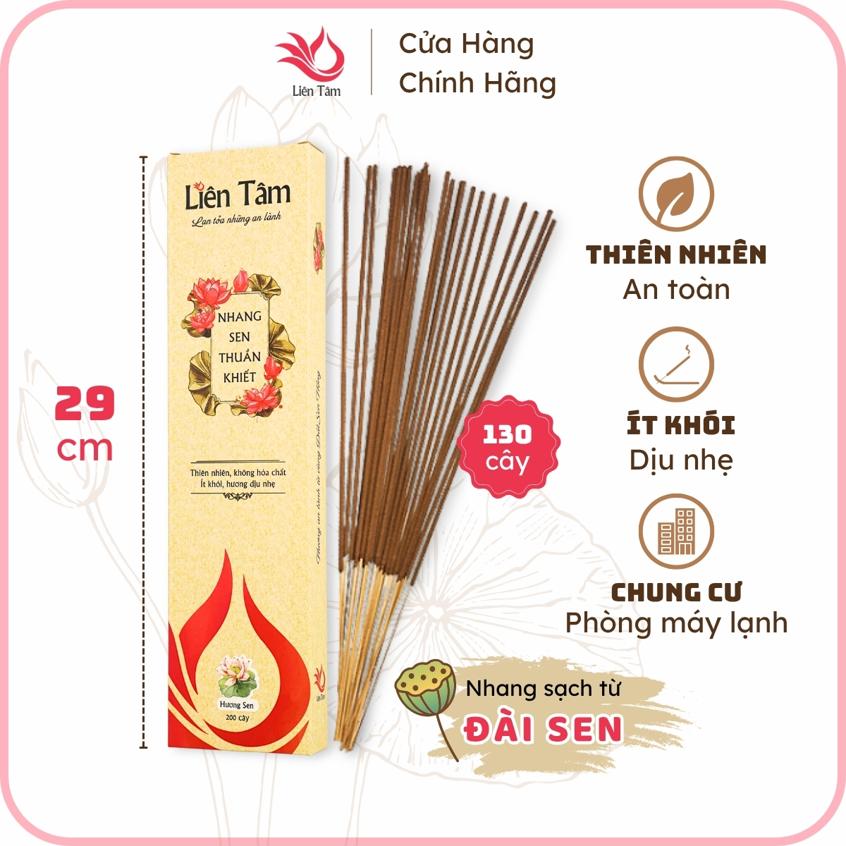 Nhang Sen Thuần Khiết Liên Tâm 29cm 130 cây - Ít khói, dịu nhẹ, 100 Đài sen…