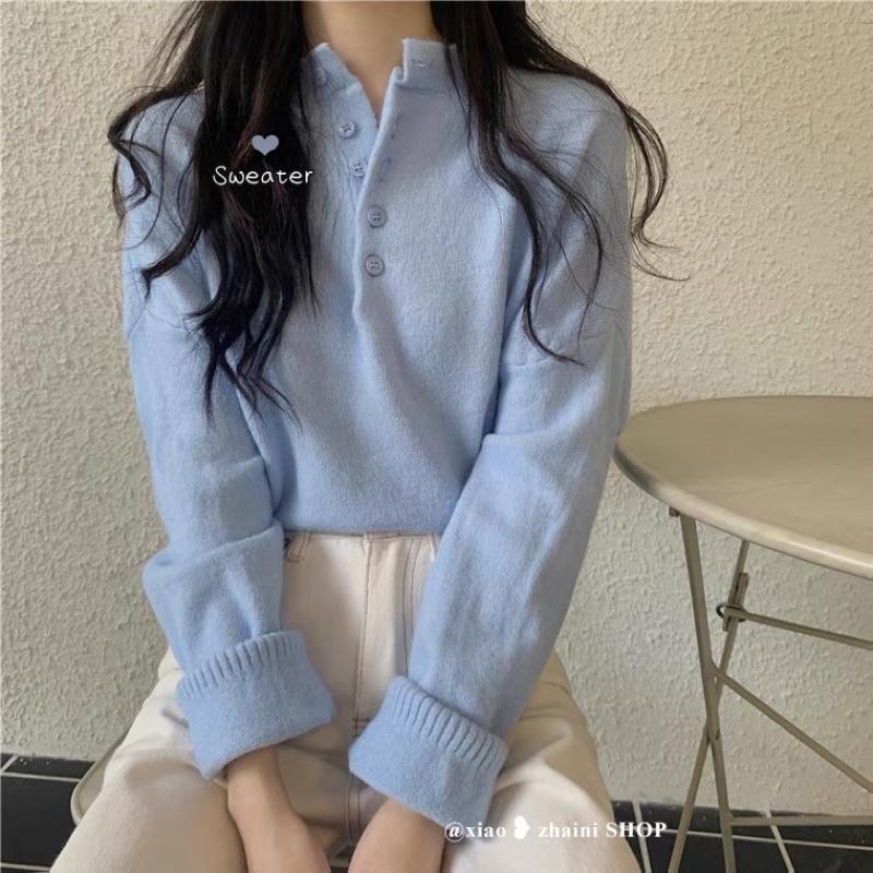 Áo len nữ cổ tròn đính hàng cúc kiểu dáng basic nhiều màu Áo len thu đông chất len mịn dễ phối đồ
