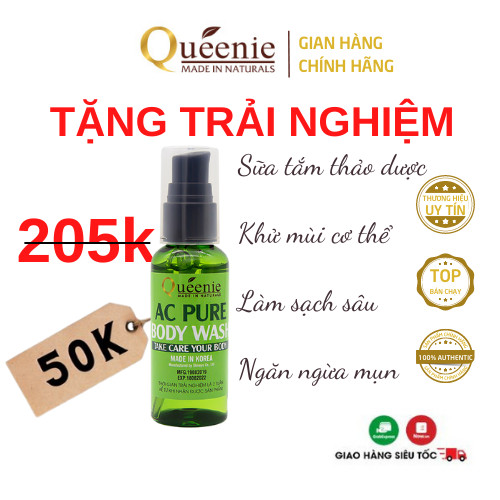 Sữa tắm thảo dược Queenie trải nghiệm dưỡng da mịn màng, ngăn ngừa mụn 50ml - Mỹ Phẩm Hàn Quốc