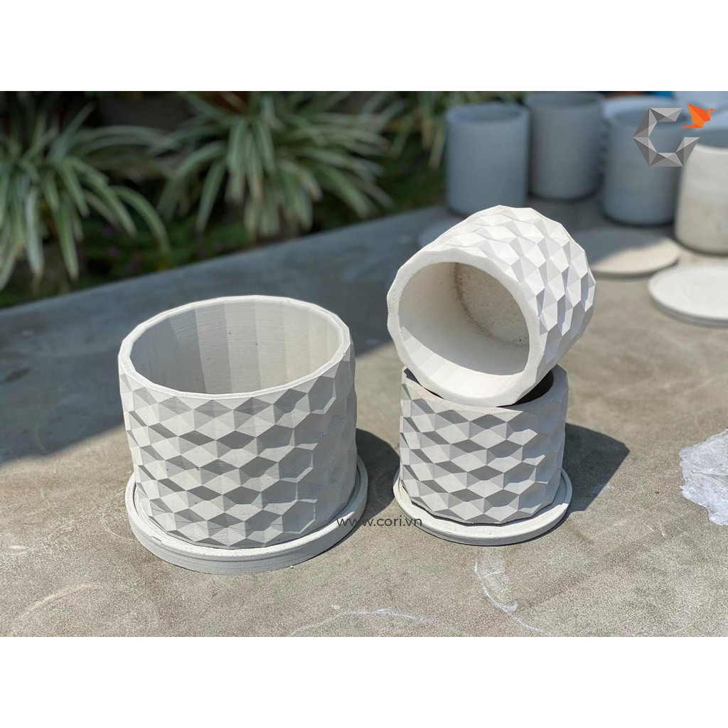 Combo 4 Chậu trồng sen đá , xương rồng, bonsai cây cảnh bằng xi măng, chính hãng Cori , chậu 3D Origami hình trụ tròn kích thước 15x11cm - Cement pots GiaThanh Decor