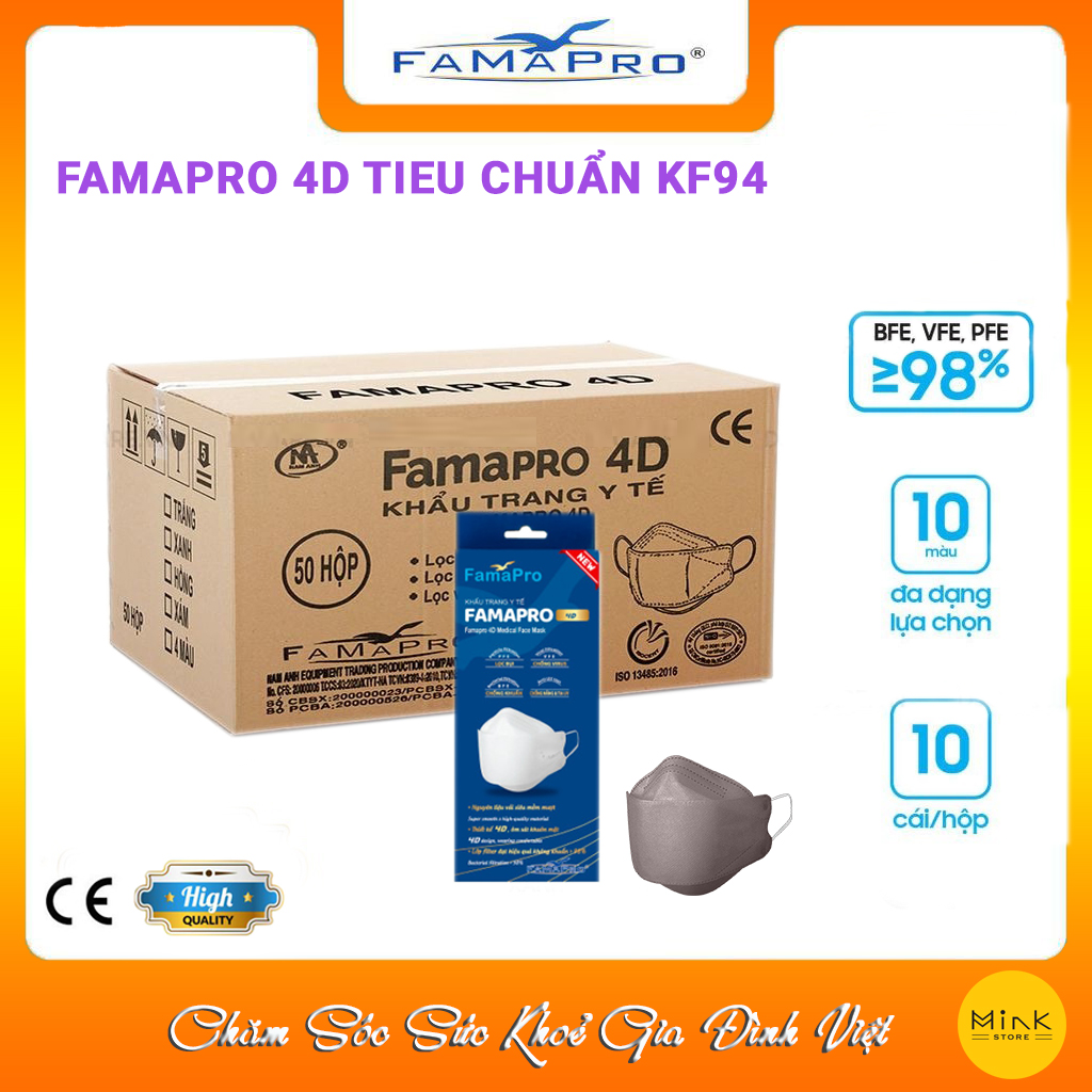 [THÙNG XÁM - FAMAPRO 4D] - Khẩu trang y tế kháng khuẩn cao cấp Famapro 4D tiêu chuẩn KF94 (500 cái/thùng)