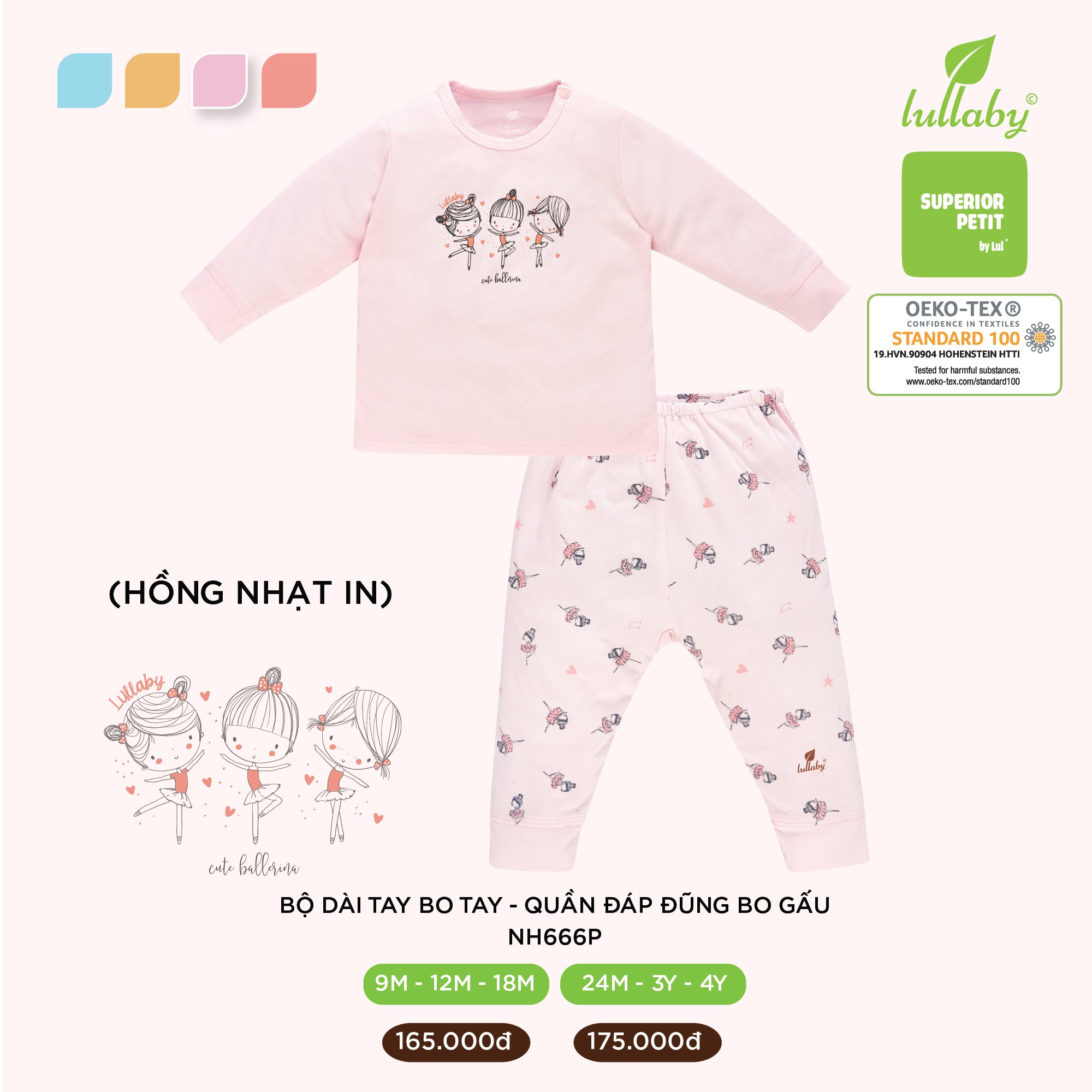 (LULLABY 2021) Bộ dài tay cài vai bé gái SUPERIOR PETIT Size 9M-4Y