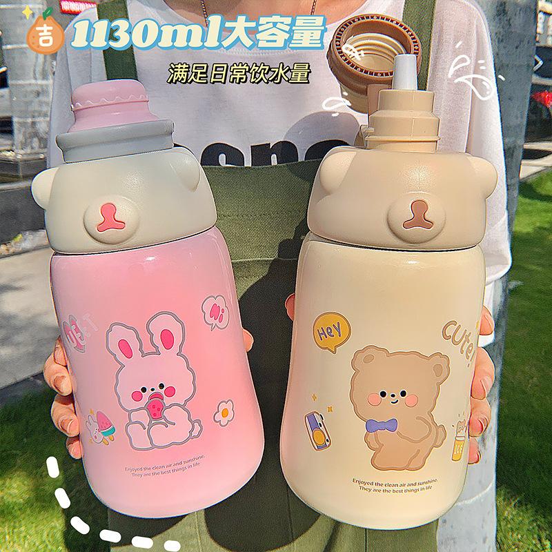 1100ML Giữ Nhiệt Màu Bé Gái Dễ Thương Anime Nhiệt Có Ống Hút Giữ Nhiệt Bình Sữa Hút Chân Không Kid Treo Tường Đôi Cách Nhiệt Nước bình