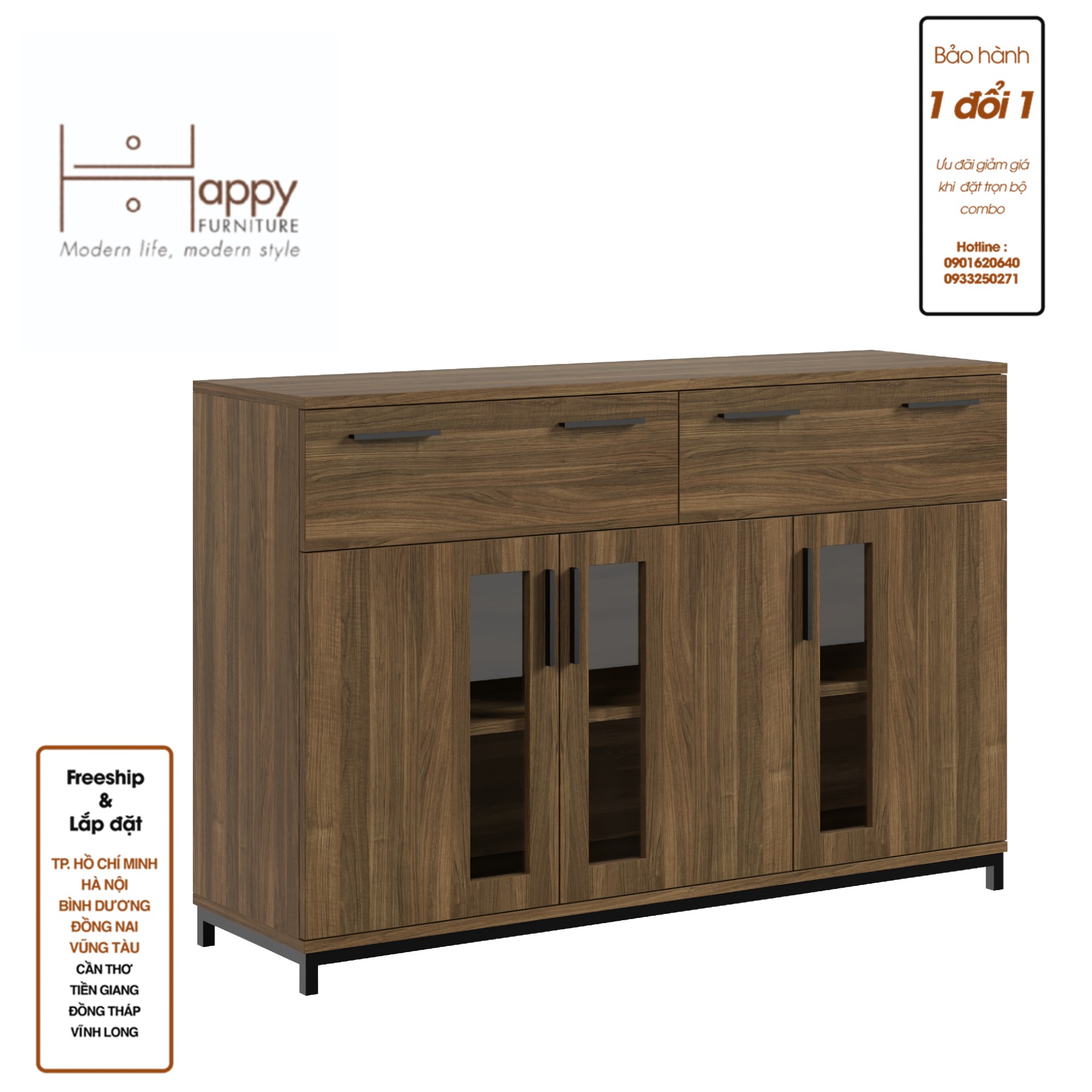 [Happy Home Furniture] LOUIS , Tủ lưu trữ 2 ngăn kéo 3 cửa mở - chân sắt , 126cm x 36cm x 84cm ( DxRxC), THK_059